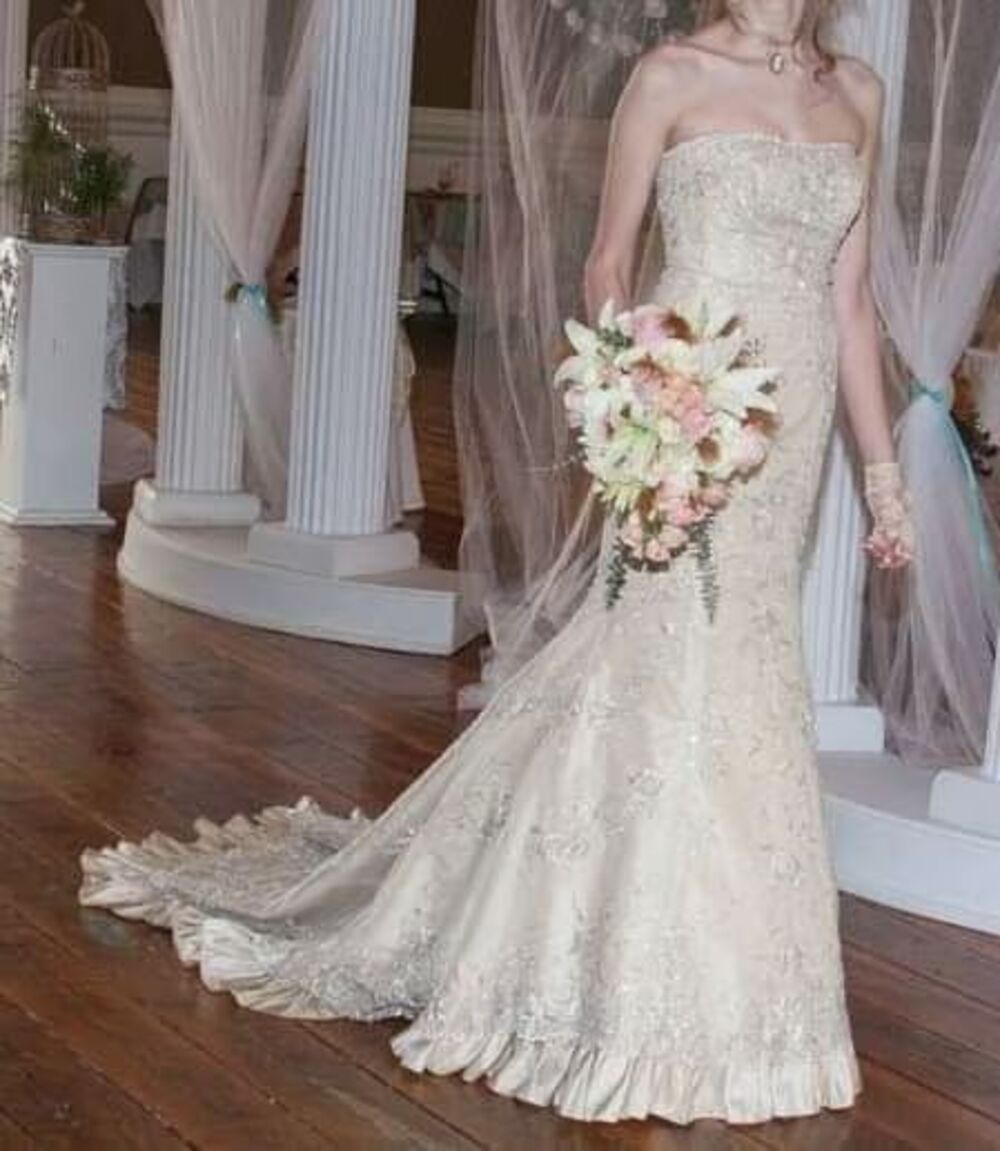 Mori Lee by Madeline Gardner Beaded Strapless Champagne Ivory Wedding Gown Sz 12